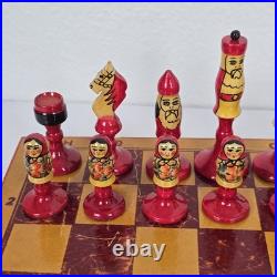 Vintage USSR Soviet Union Handmade Wooden Chess Set, Handpainted Folk Art Russia