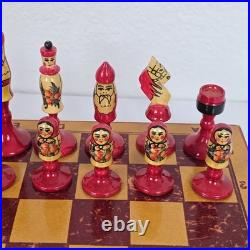 Vintage USSR Soviet Union Handmade Wooden Chess Set, Handpainted Folk Art Russia