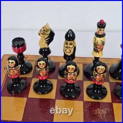 Vintage USSR Soviet Union Handmade Wooden Chess Set, Handpainted Folk Art Russia
